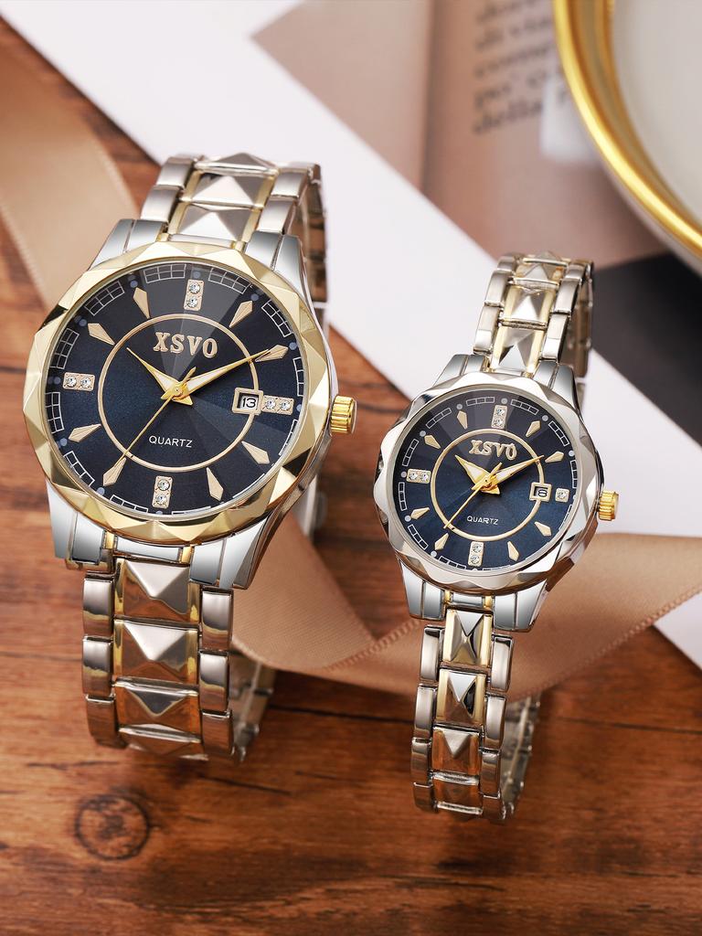 New Elegant Quartz Watch Couple's Watch Blue Disc with Diamond Calendar Functional Steel Chain Quartz Watch Set Daily Match