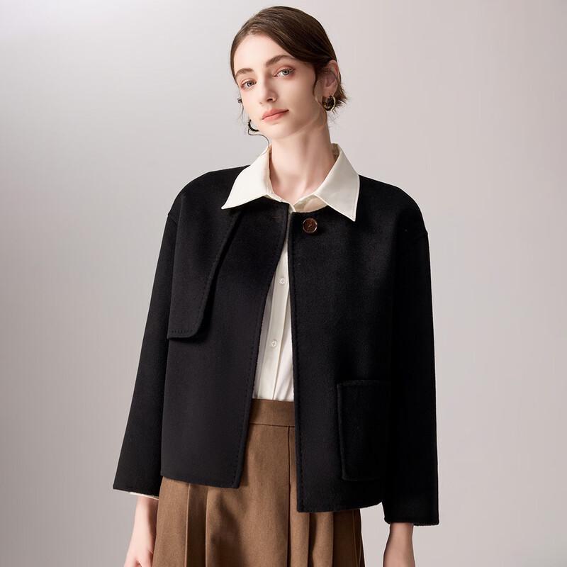 TUHUANG Women s Cashmere Merino Blend Round Neck Double-faced Short Coat S