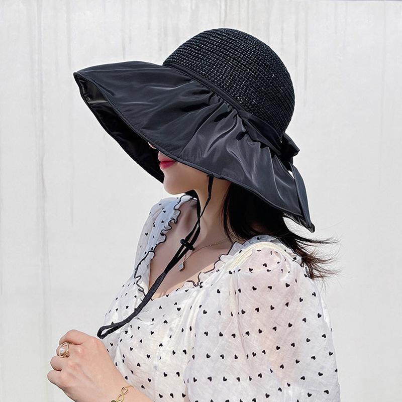 Women's Full-Coverage Summer Sun Hat with Bowknot - Versatile Black Sunscreen Bucket Hat