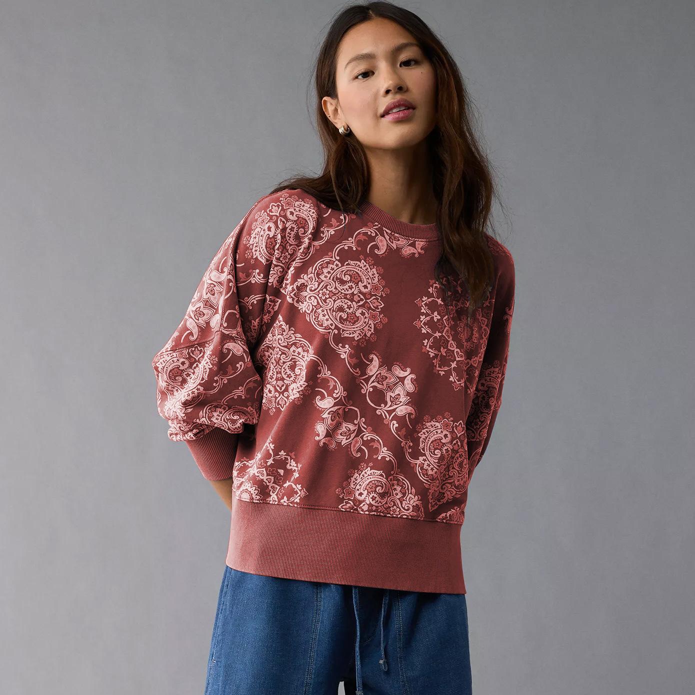 

Women s Retro Pattern Crewneck Sweatshirt Bohemian Print Long Sleeve Casual Pullover XL красный