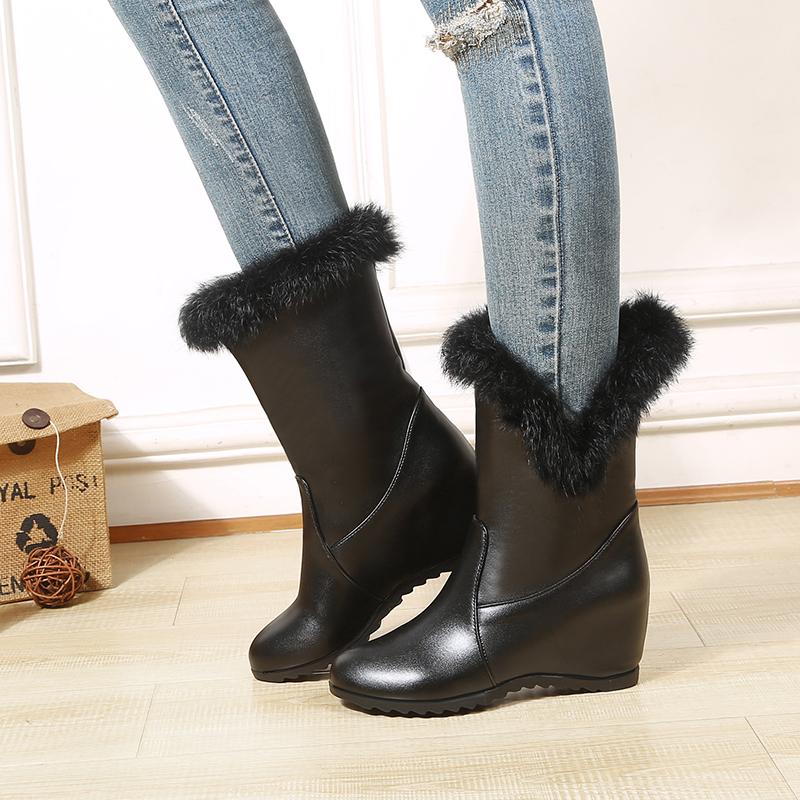 Fashion Woman Mid-Calf Fur Wedge Snow Boots 2025 Winter Warm Female Shoes Ladies Booties Zapatos De Mujer Short Boats 34 40 White Black