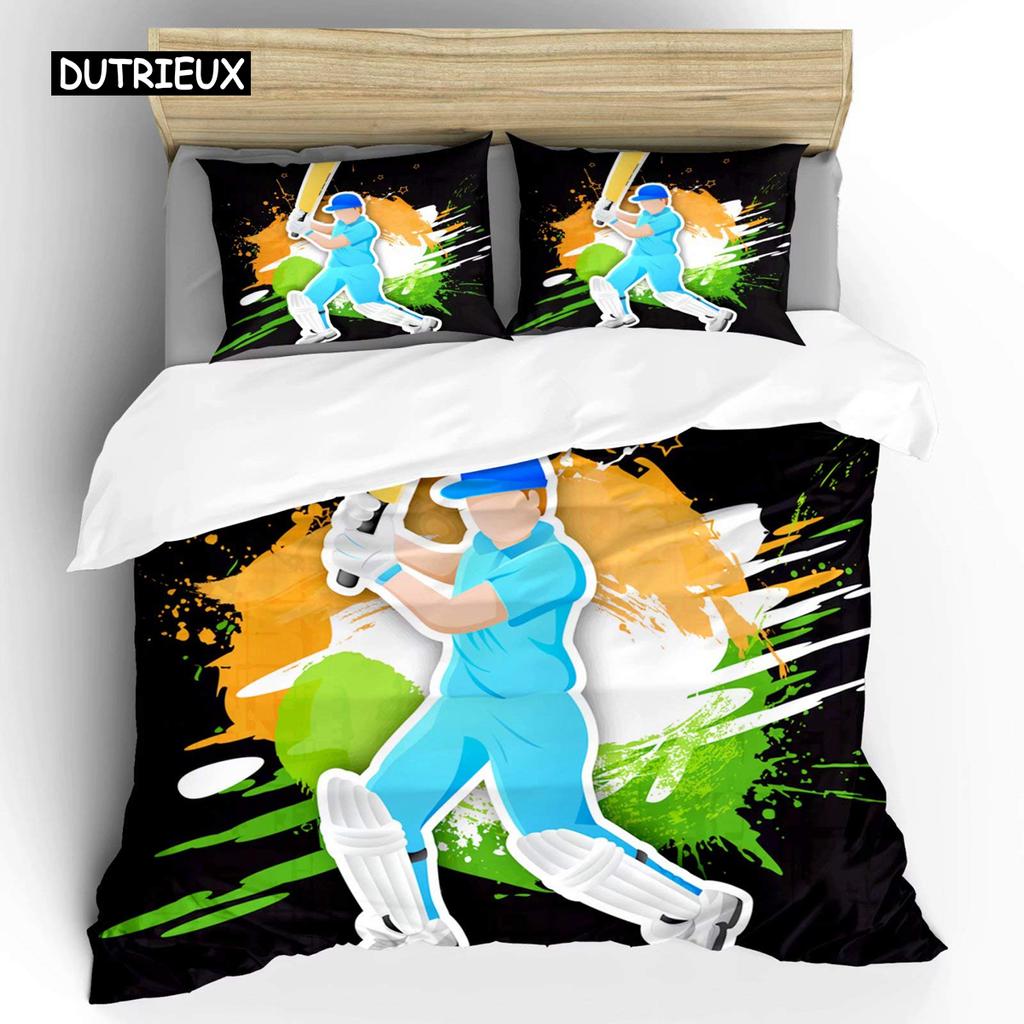 Cricket Duvet Cover Set Abstract Sports Pattern Bedding Set Microfiber Player Playing Game of Cricket Double Queen Quilt Cover