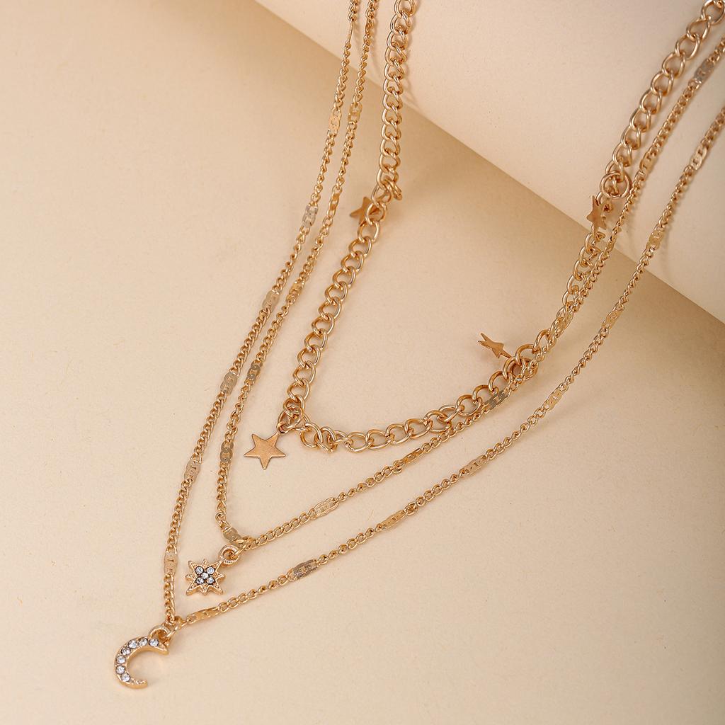 Hot-selling creative diamond-encrusted pentagram crescent pendant multi-layer stacked necklace collarbone chain item
