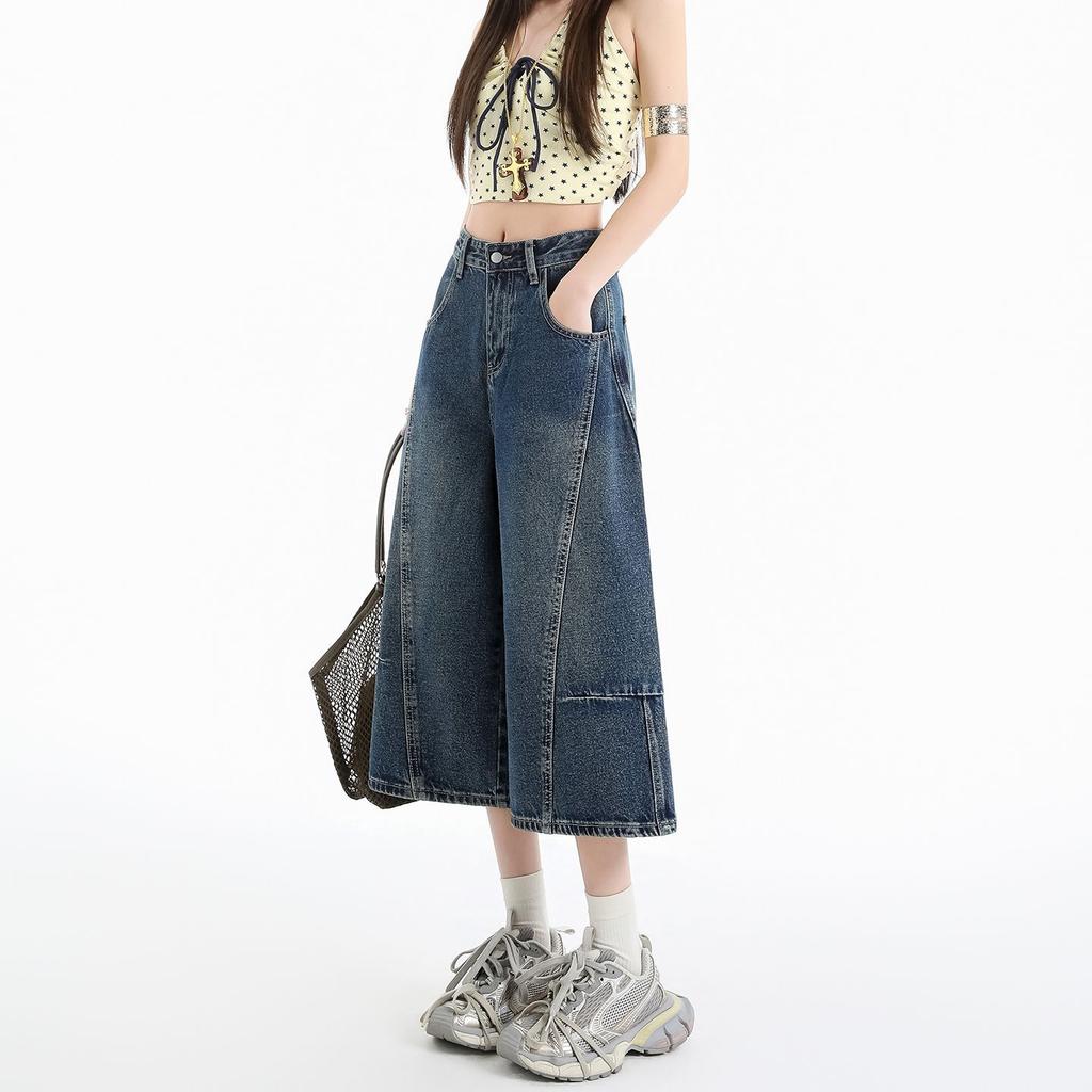 Fashion Summer Spliced Denim Cropped Capri Pants For Petite Ladies Loose Wide Leg High Street Straight Slimming Versatile Casual Trousers