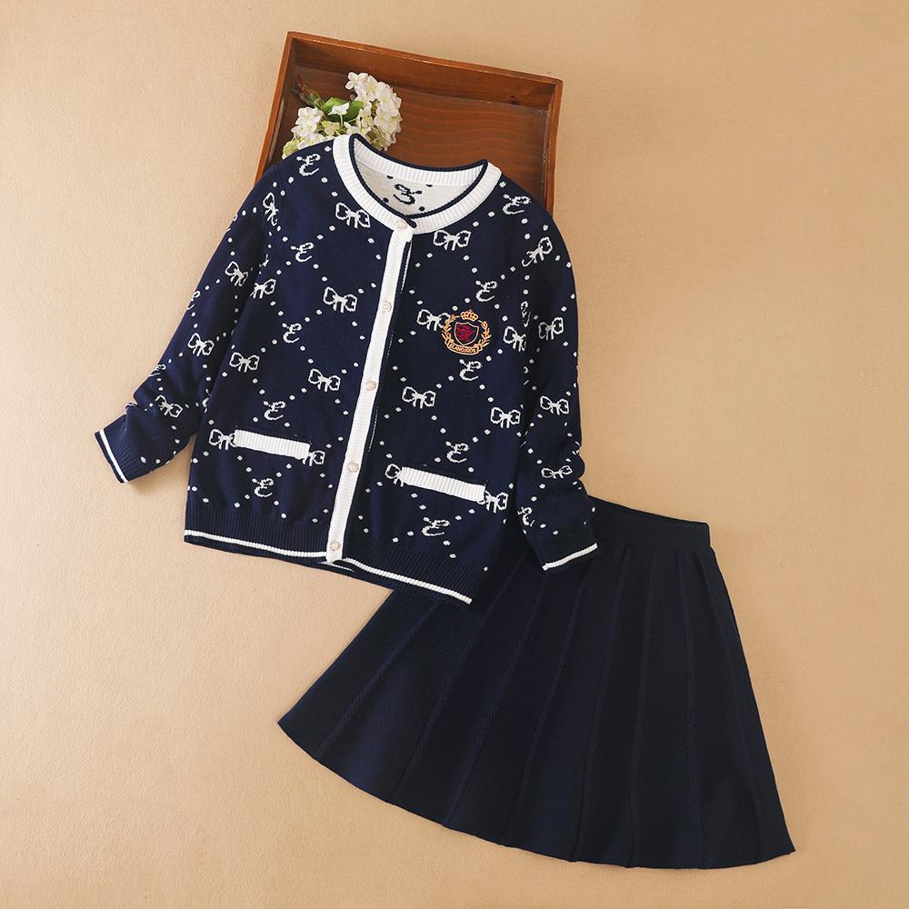 

Вязаный костюм для девочек темно-синий свитер кардиган с узором в горошек плиссированная юбка комплект детской осенне-зимней одежды 150 темно-синий