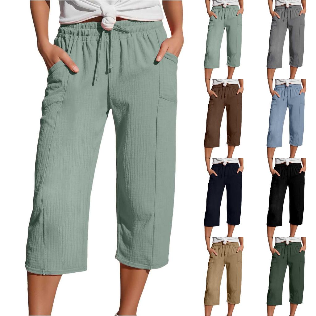 Women's Summer 3/4 Trousers  Summer Trousers With Pockets Causal Loose Trousers Fabric Trousers Sport Leisure Beach Trousers