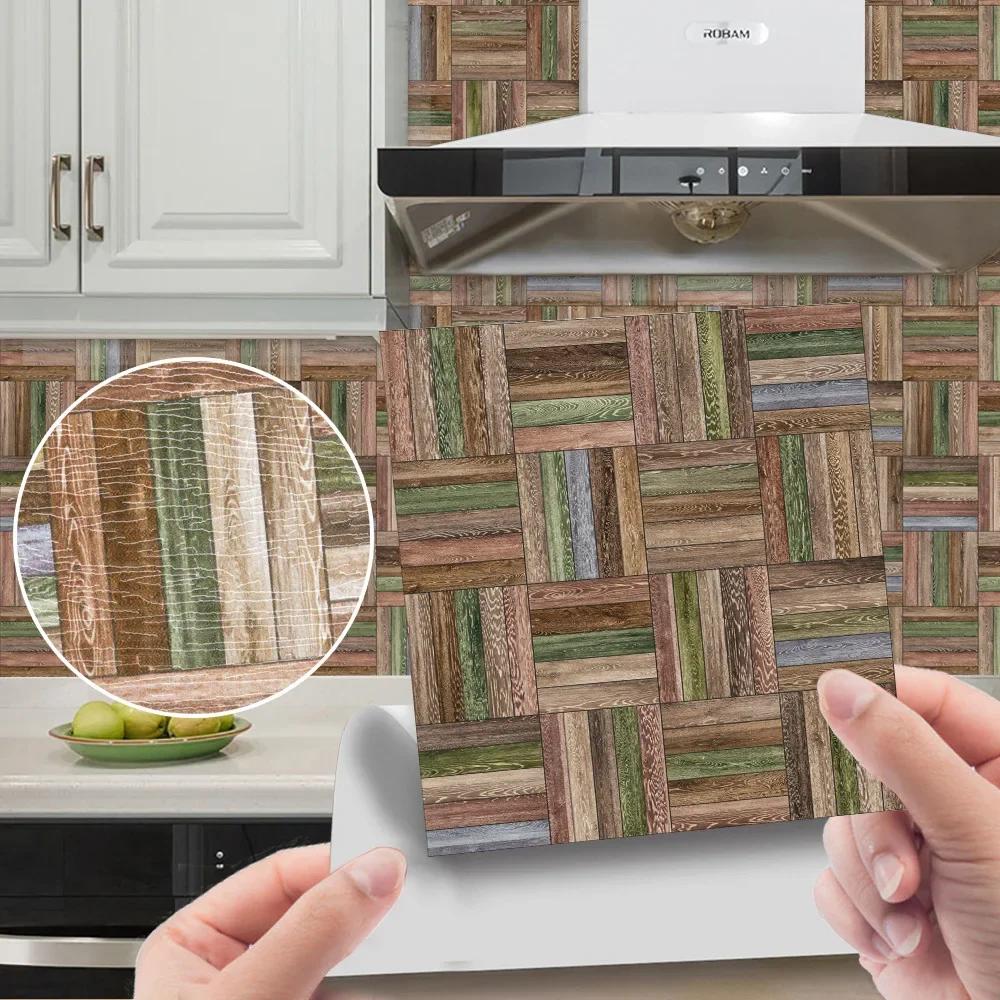 20Pc PVC Waterproof Wood Grain Tile Sticker Kitchen Bathroom Self Adhesive Wall Sticker Living Room Bedroom Wallpaper Home Decor