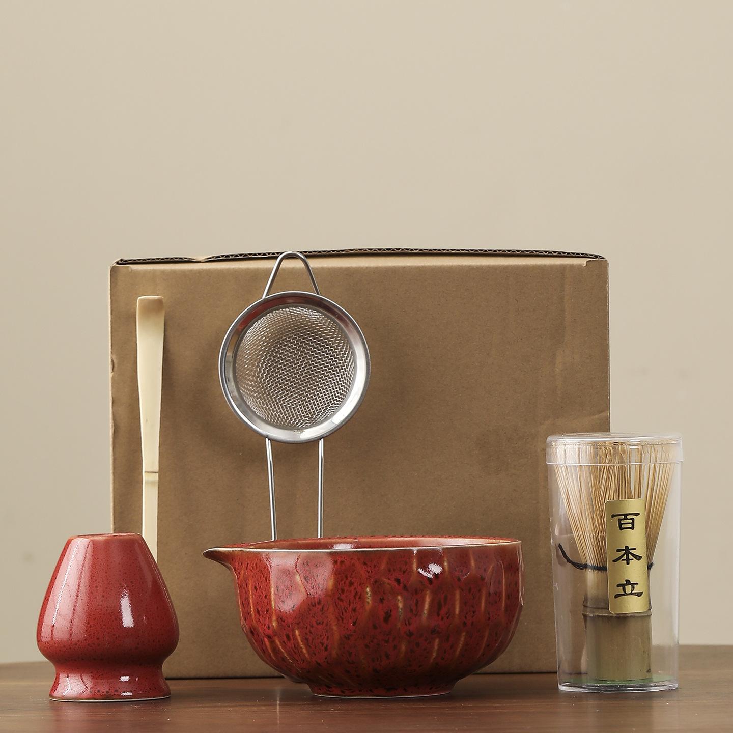 

1set of Japanese matcha ceramic set, including kiln transformation matcha bowl, whisk, Hyakubon stand, matcha blender, gift темно-красного