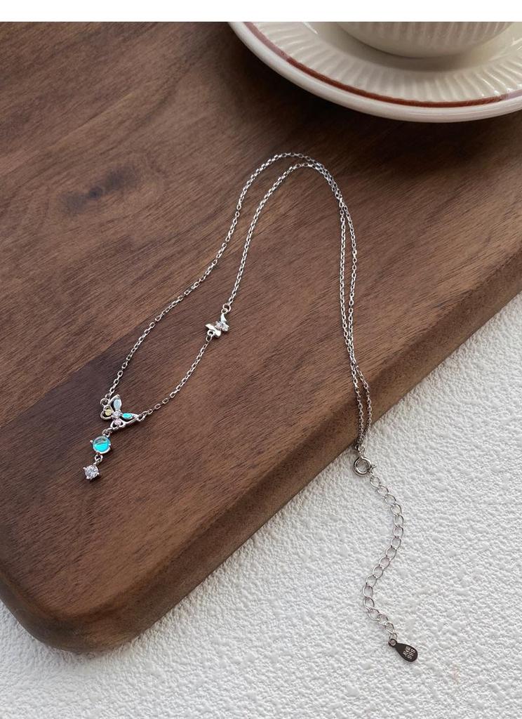 S999 Sterling Silver Butterfly Tassel Necklace with Colorful Diamonds & Moonstone, High-End Design for Women.