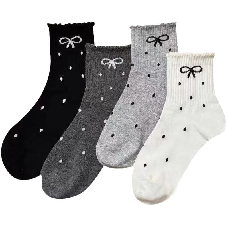 2024 Trendy Polka Dot Lace Bowknot Mid-Tube Women's Socks - Sweat-Absorbent, Japanese-Inspired, Sweet Style