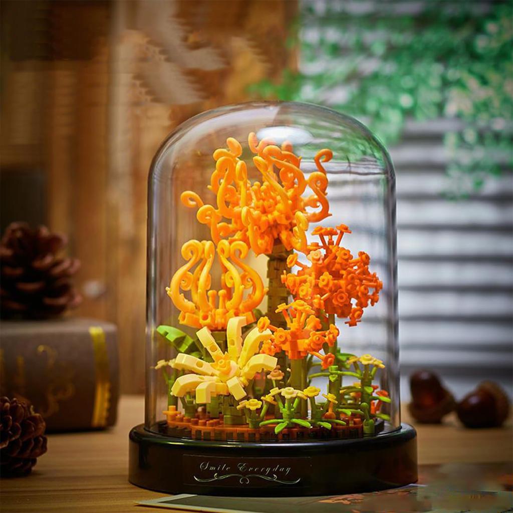 POSO Building Block Flower Building Toy, Flower Bouquet with Clear Glass Cover, Micro Block Flower Basket, Potted Plant, Bonsai DIY, Romantic DIY,