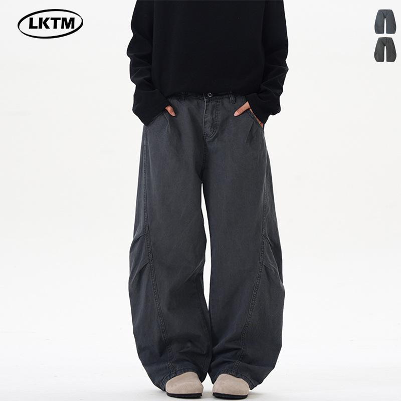 

LKTM Menswear: Unisex American Retro Washed Wide-Leg Crinkle Pants - Trendy Streetwear Scimitar Fit S [recommended 95-110 jin]