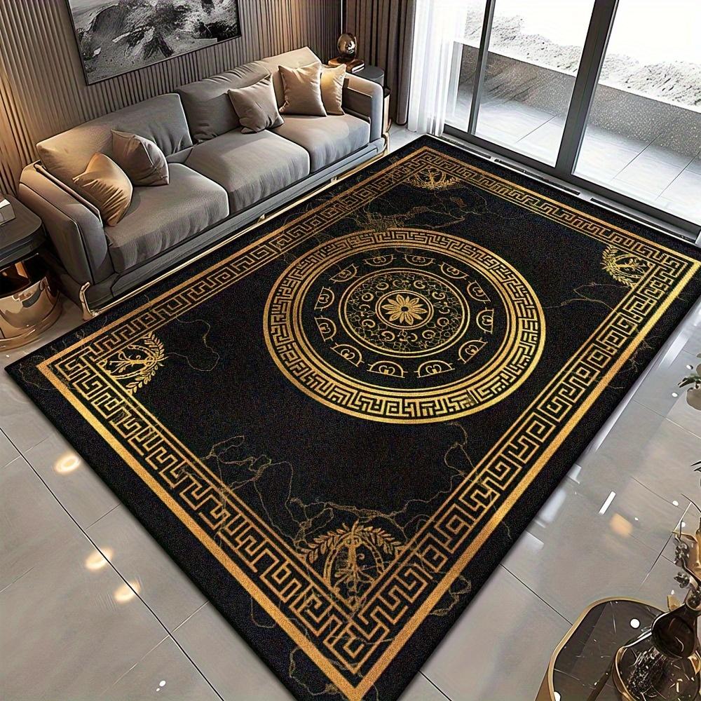 Luxury Black Gold Greek Key Print Carpet Plush Flannel Rug Living Room Bedroom Home Decor Area Rug Non Slip Floor Mat