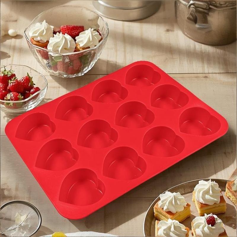 12-Cavity Silicone Cake Mold Heart-Shaped Non-Stick Baking Mold For Brownies Food-Grade Microwave Safe Cupcake Making Tool
