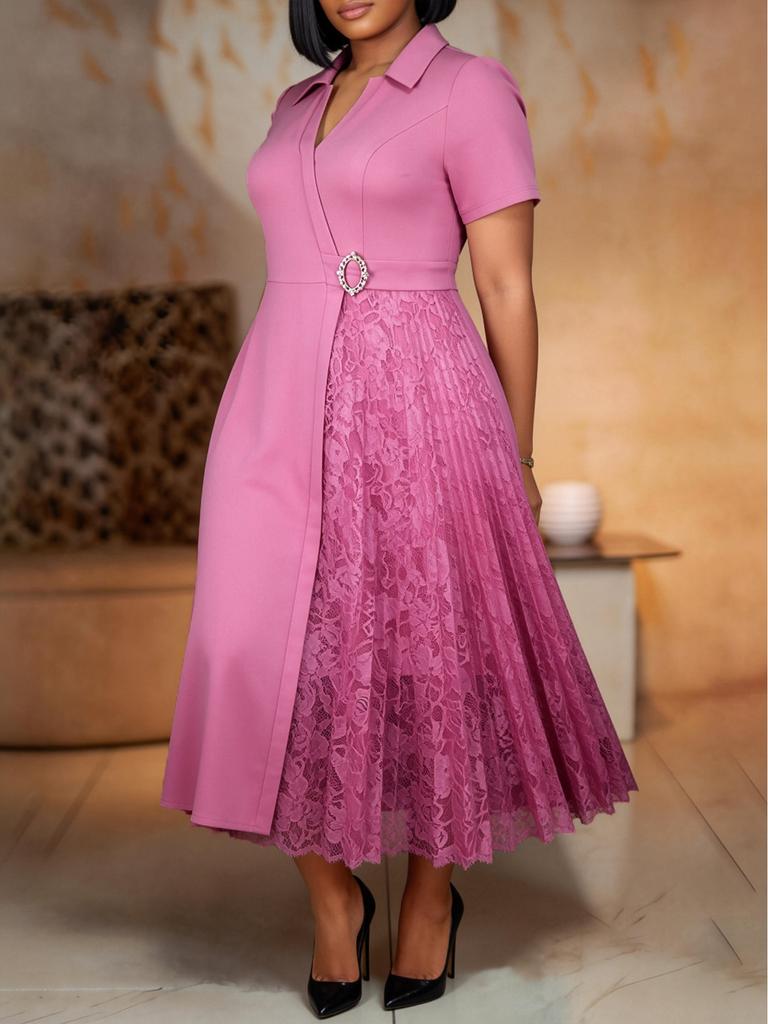 AOMEI Plus Size Women's Elegant Lace Panel A Line Midi Dress Short Sleeve Collared Dresses for Church Office Daily Wear
