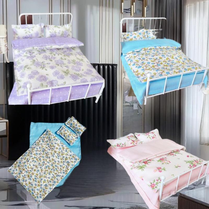 1/12 Dollhouse Miniature Bed Four Piece Bed Set Cover Bedding Set Doll Bedroom Decoration Toy