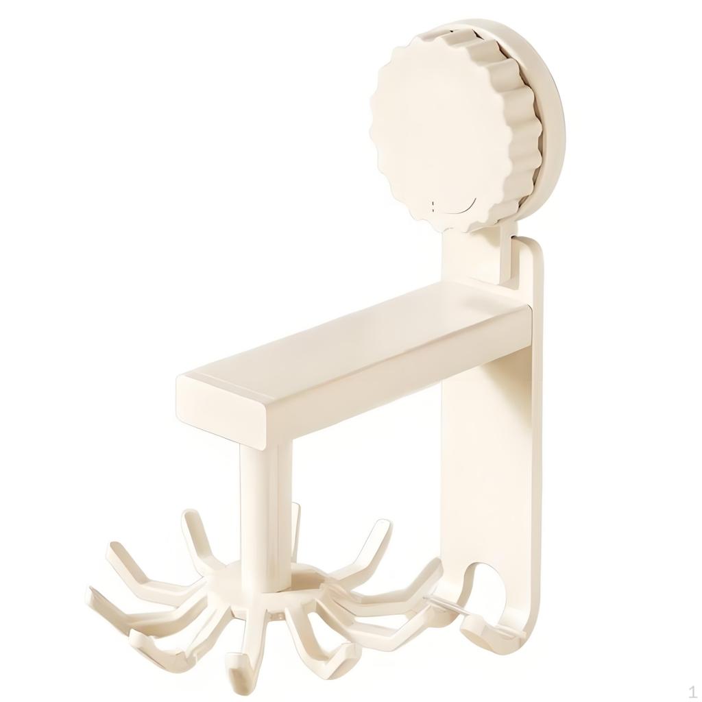 Suction Pad Kitchen Organizer Rack, Wall Mount, MultiFunctional Holder Cream White 6 Hooks