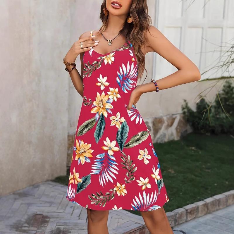 Women's Print Strap Plus-size Dress Adjustable Shoulder Strap V-neck Dress