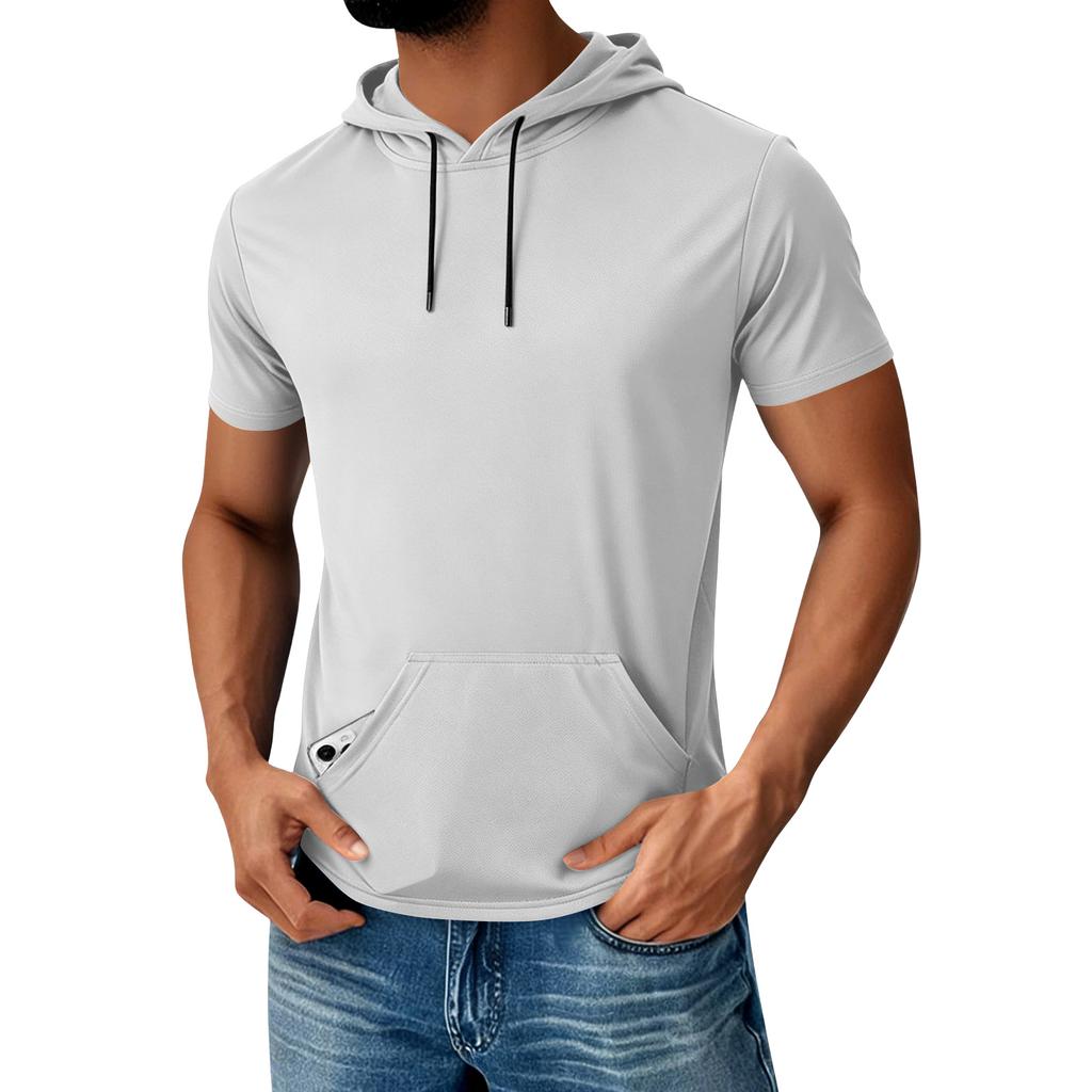 Men's Hooded Pocket Top Men's Casual Sports Quick Drying Short Sleeved Top