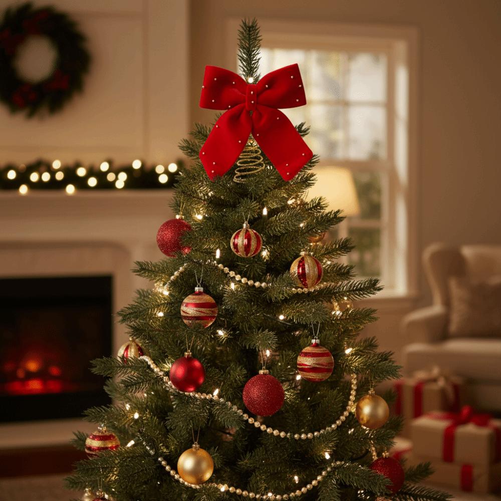 Extra-Large Velvet Ribbon Bow Luxurious Flocked Christmas Bow Star Tree Topper Holiday Display