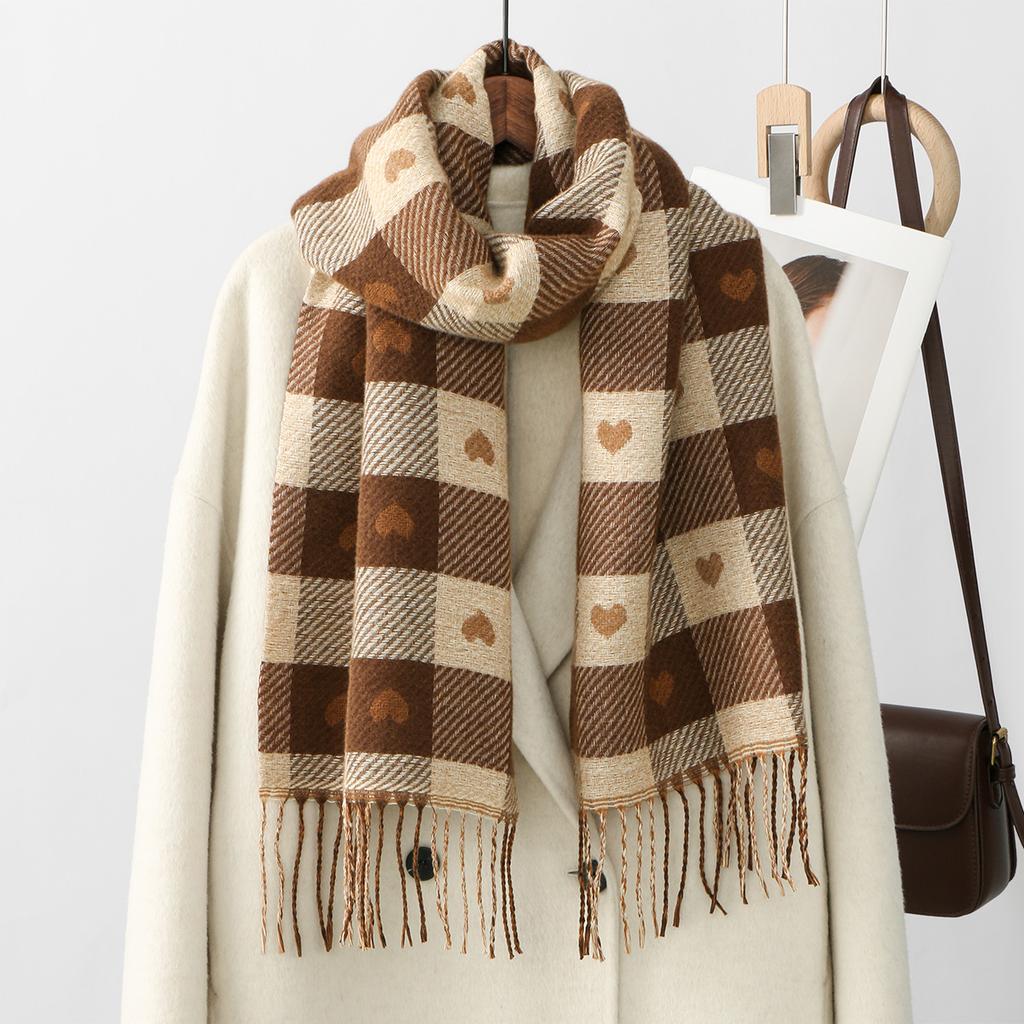 Women'S Autumn And Winter Heart-Patterned Scarf Plaid Comfortable Scarf Thick Warm Large Blanket Shawl Scarf Pashmina
