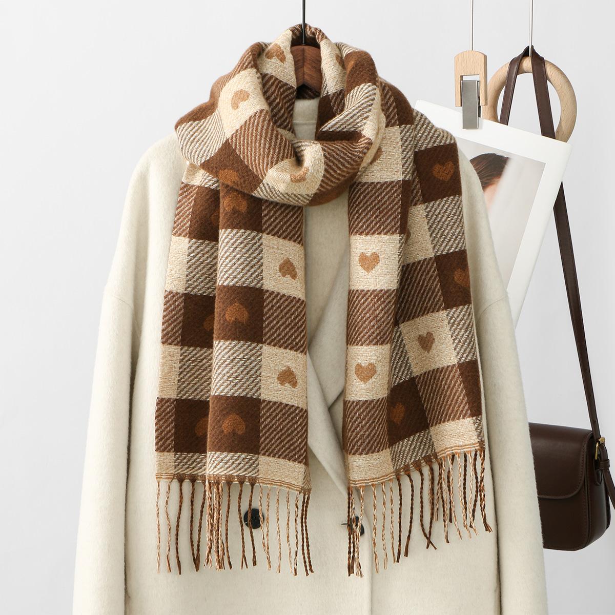 

Women S Autumn And Winter Heart-Patterned Scarf Plaid Comfortable Scarf Thick Warm Large Blanket Shawl Scarf Pashmina One Size