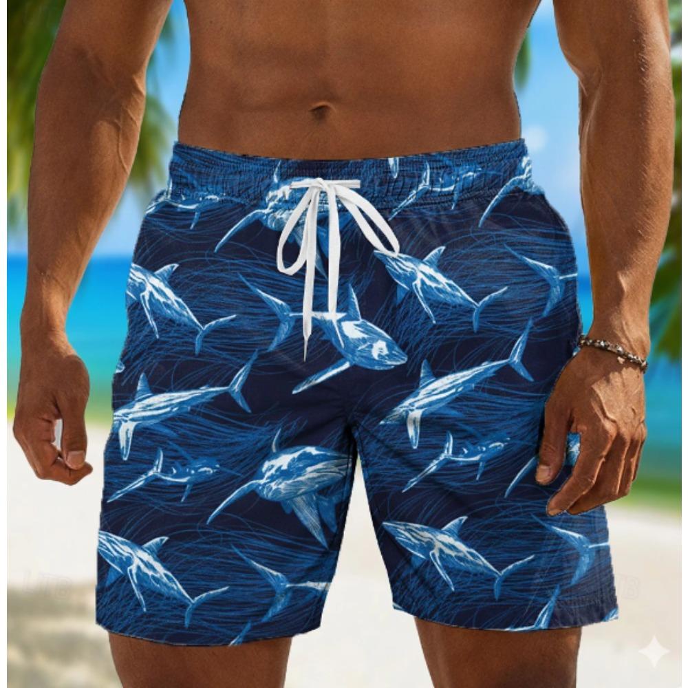 Men's Shark Print Shorts Swim Shorts Swim Trunks Mid Waist Hawaiian Boho Casual Daily Holiday Drawstring Elastic Waist