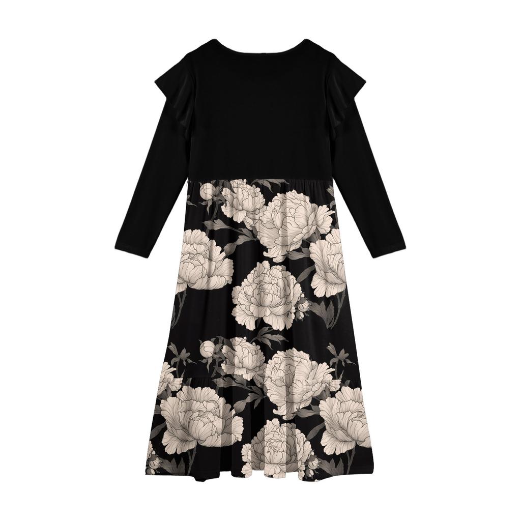 Girls' Tiered Ruffle Dress - Long Sleeve Printed Maxi With Pockets
