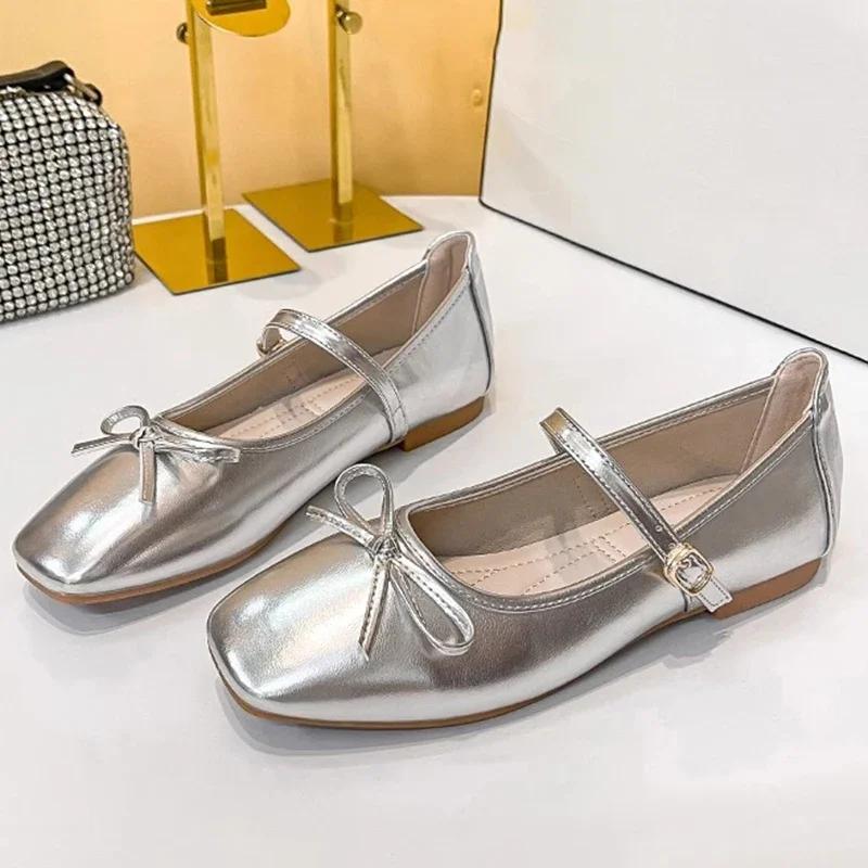 Fashion Silver Bowtie Mary Jane Pumps Fashion Women Square Toe Pu Leather Party Shoes Autumn New Woman Low Heels Wedges Buckle Shoes