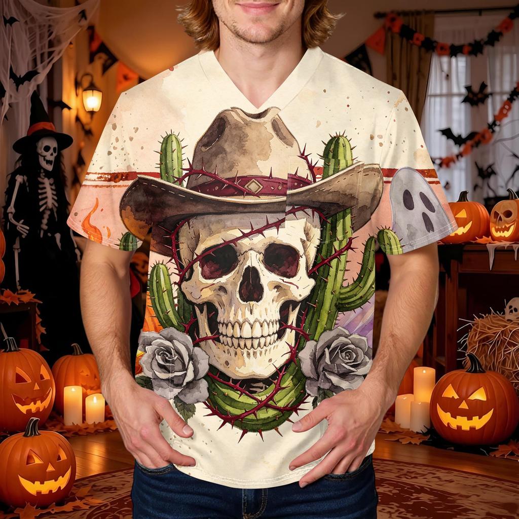 Herren Halloween Print V-Ausschnitt Kasack mit Tasche Kurzarm Uniformhemd