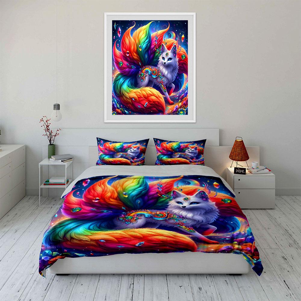 Vibrant Fox with Gemstone Adornments Print Bedding Set 1 Duvet Cover 2 Pillowcases for Adult and Children Luxury Gift Full Size