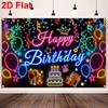 2D Black Neon Birthday Backdrop "Happy Birthday" with Glowing Party Icons for Night Party Decoration