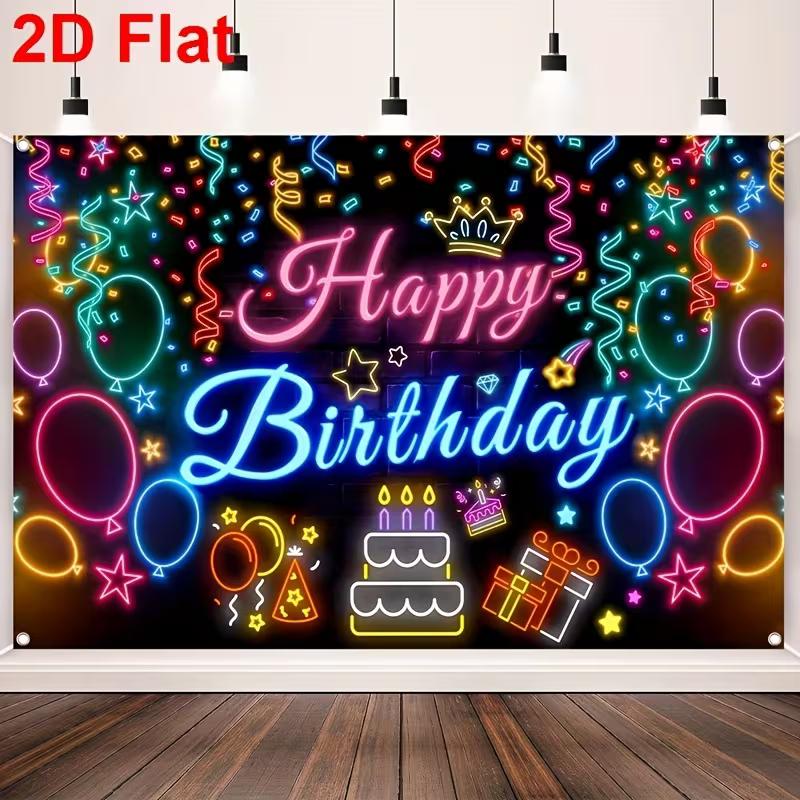 2D Black Neon Birthday Backdrop "Happy Birthday" with Glowing Party Icons for Night Party Decoration