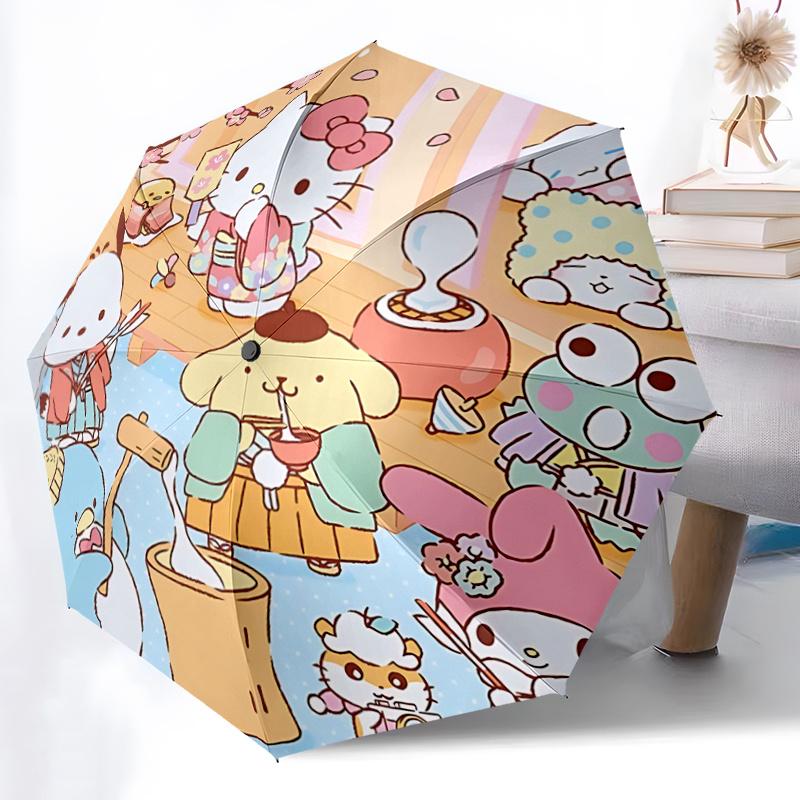 1pc Hello Kitty & Friends Japanese Kimono Print Automatic Opening Folding Umbrella with 8-Bone Iron Frame - Portable Design for Outdoor Use, Festive G