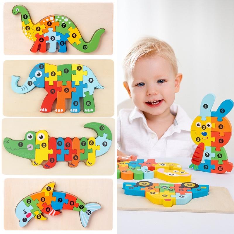 Holz 3D Tier Puzzle Spielzeug für Kleinkinder Elefant, Krokodil, Delfin, T-Rex, Giraffe