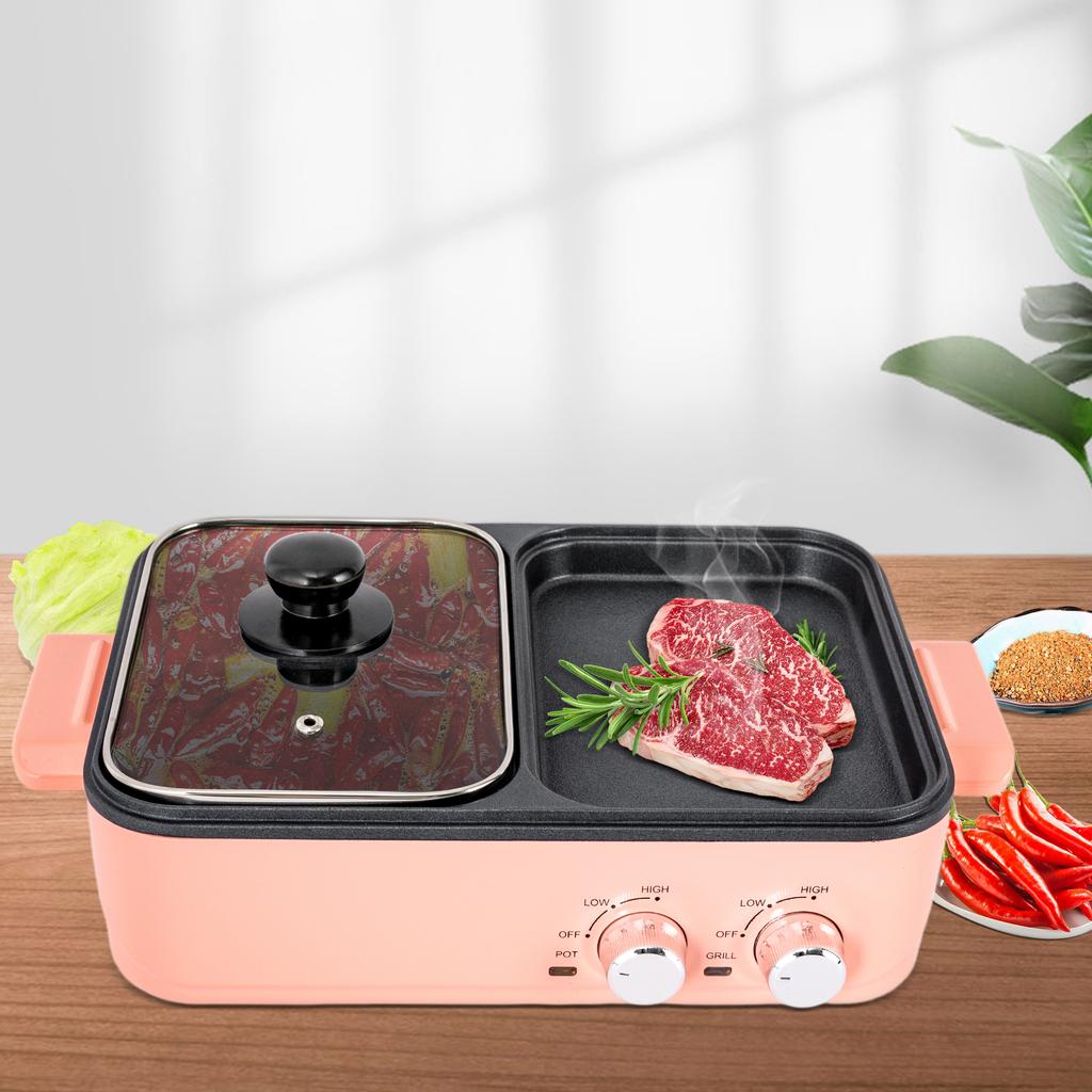 Electric Hot Pot with Grill, 2 In 1 Nonstick Griddle&Hot Pot for Steak/Shabu Shabu/BBQ, Separate Dual Temperature Control, Pink