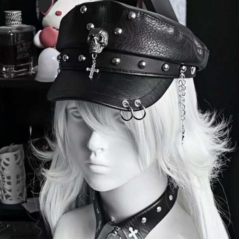 2000s Punk Rivet Studded Cricket Cap With Skull Crossed Decor Beret Hat For Women Western Theme Party Casual Outfit Accessory