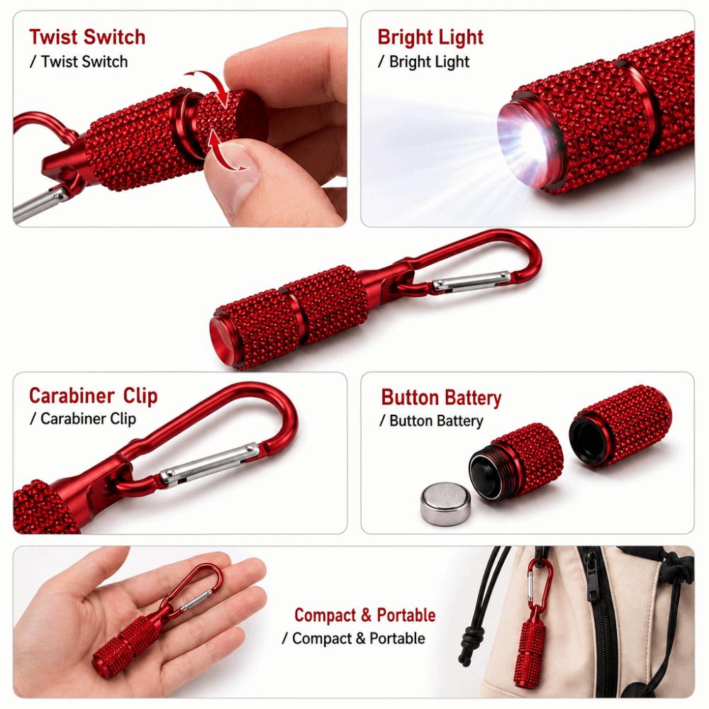Button Battery Diamond-encrusted Mini Flashlight Carabiner Clip Mini Torches
