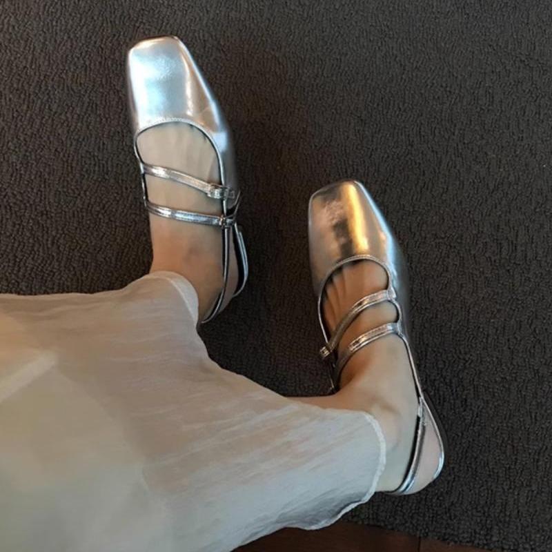 2025 New French Low-heeled Silver Mary Jane Shoes Square Head Thick-heeled Sandals Fairy Fairy Style Evening Empty Single Shoes