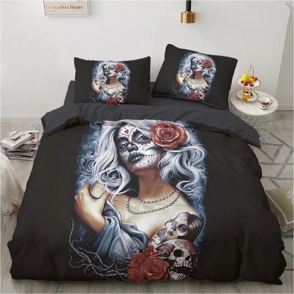 Skull Gothic Duvet Cover Set, Day of The Dead Sugar Skull Bedding, Soft Quilt Cover Pillowcases for Adults Teens