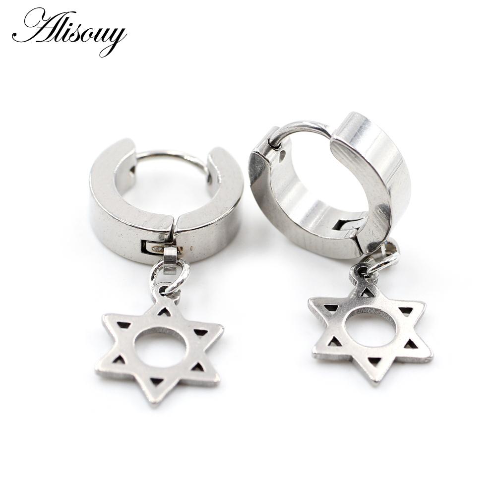 Alisouy 2PCS Stainless Steel Star Cross Snake Spike Skull Sword Blade Chain Feather Spider Dangle Women Men Huggie Hoop Earrings