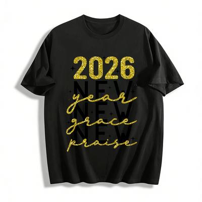 2026 New Year Glitter Print Top Grace Praise Themed Casual Tee Pure Cotton T-shirt
