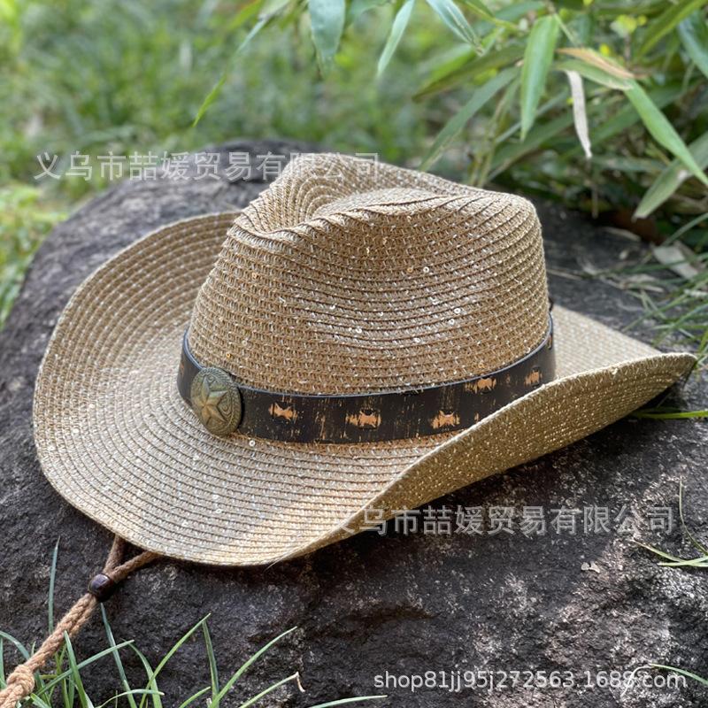Five-star dyed belt sequined straw hat women's spring and summer outdoor travel sunscreen sunshade western cowboy hat