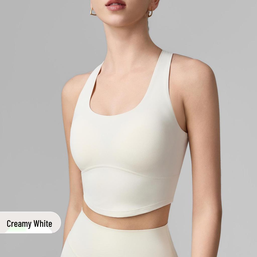 Women's Wide-Strap Cross-Over Sports Bra with Side Support, Shock Absorption, Fixed Cups, Hollow Back, Yoga Vest