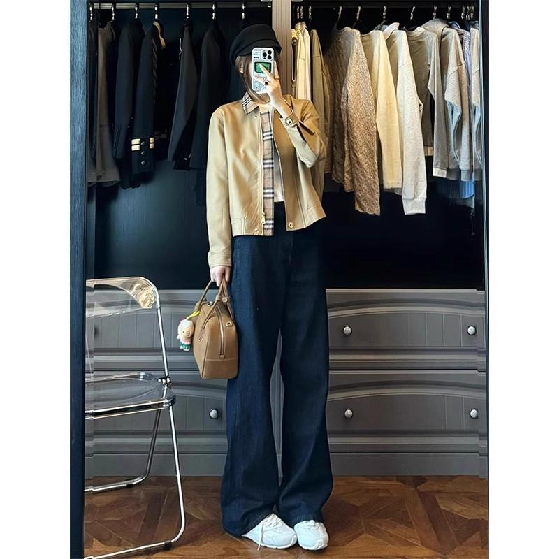 Womens Short Khaki Plaid Windbreaker Jacket 2026 Fall Loose Fit Cotton Blend Casual British Style Coat