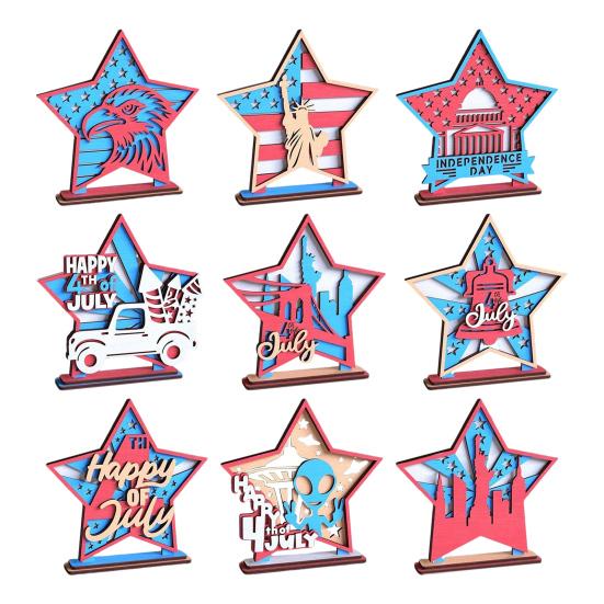 4th of July Desk Sign Star Shape Wooden Ornament Patriotic Table Centerpiece Tiered Tray Decor for Independence Day Home Office Decoration