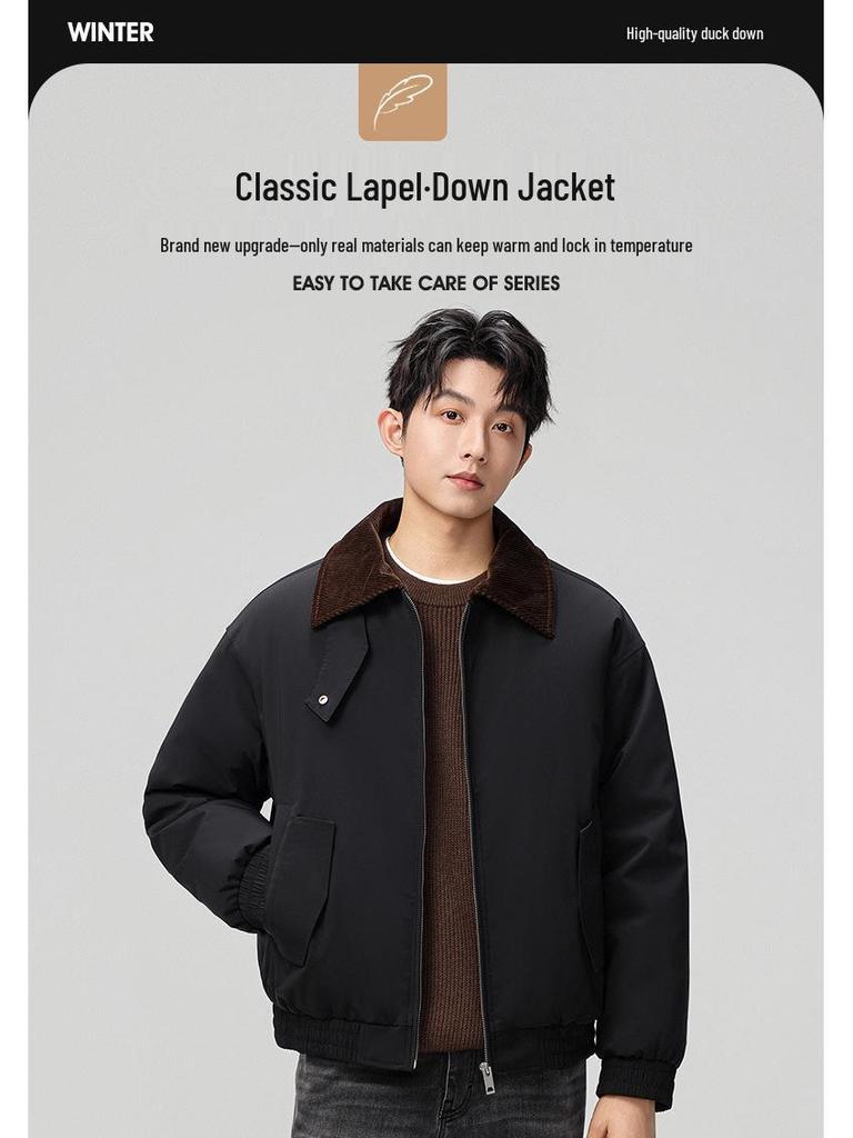 Men's Trendy Winter Short Lapel Down Jacket - Loose Fit, High-Quality White Duck Down, Solid Color