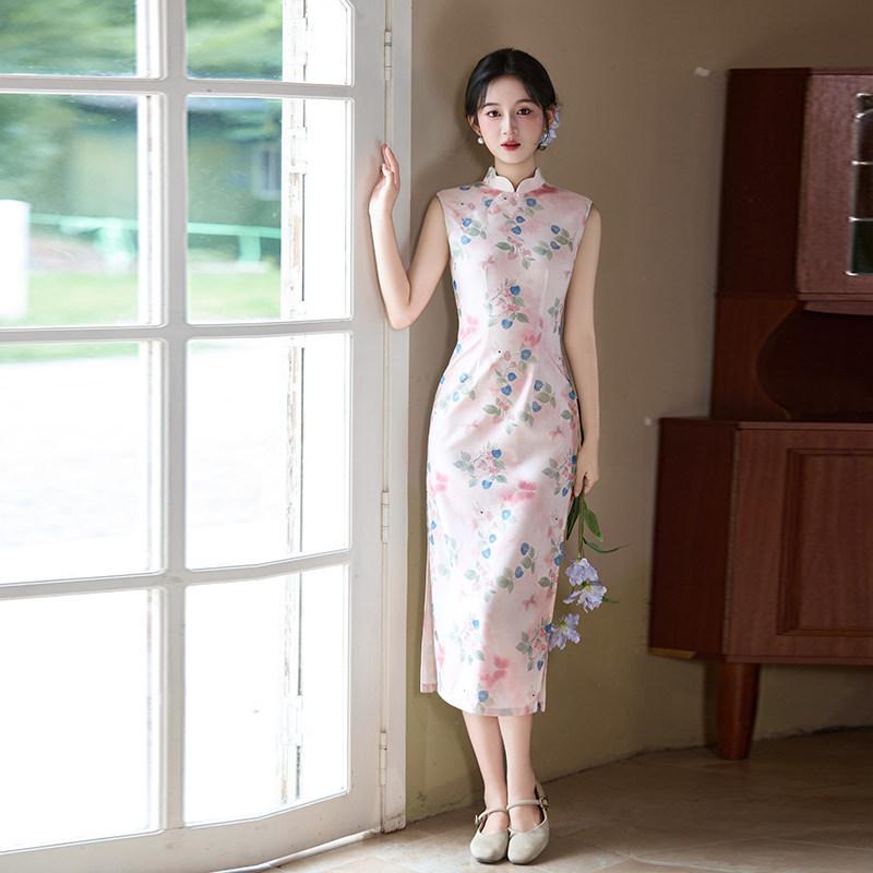 Pink sleeveless national style new Chinese daily Suzhou long cheongsam improved young 1011 new women's high sense