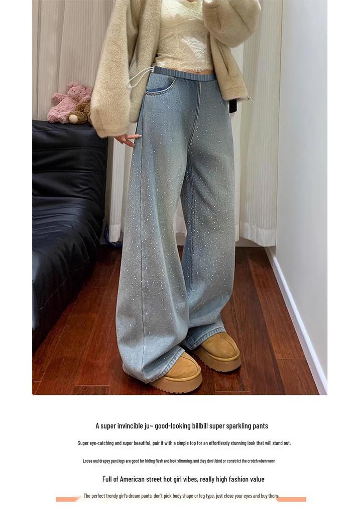 Rhinestone Star Maternity Wide-Leg Jeans - Spring/Autumn Casual Fit