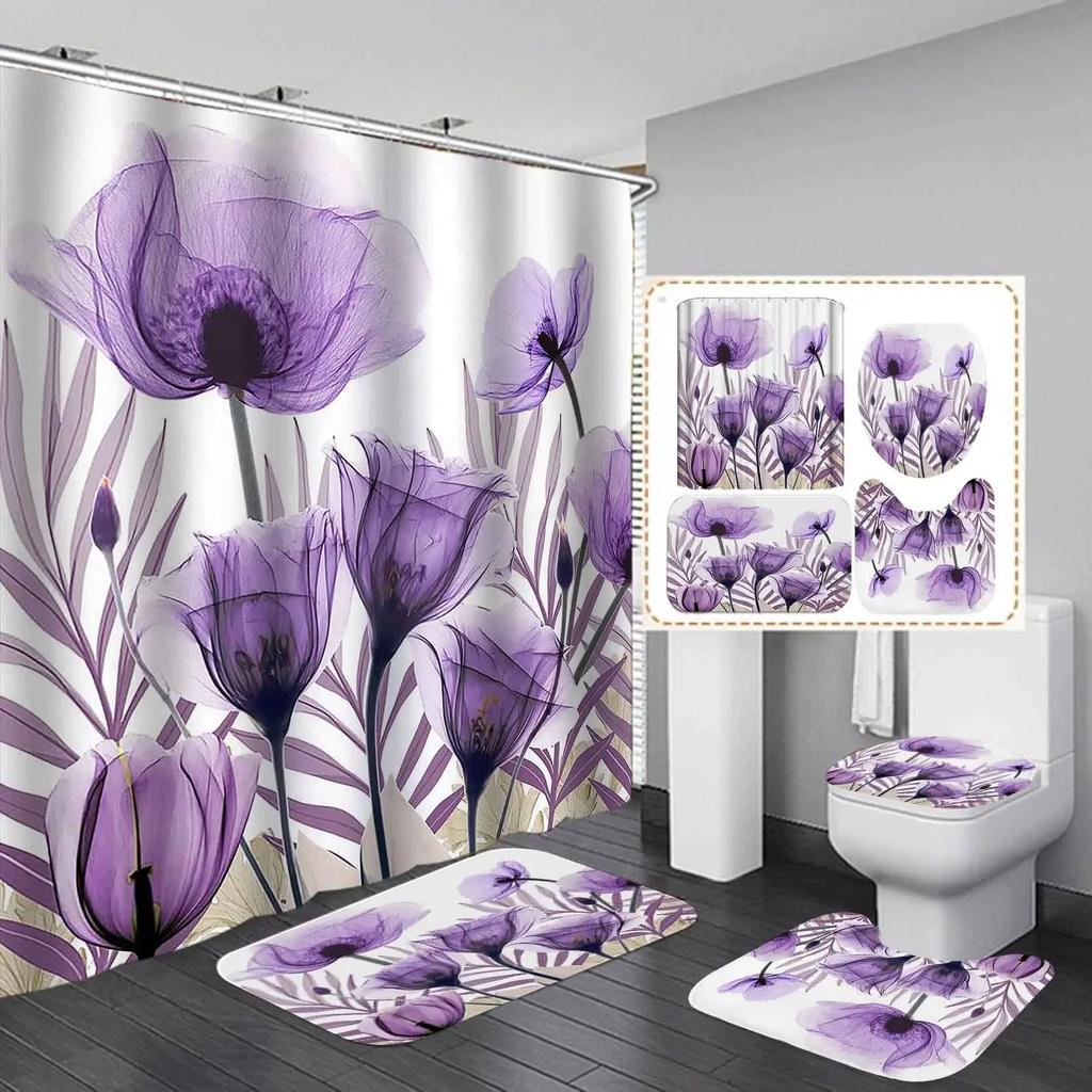 Elegant Blue Flower Shower Curtain Set Waterproof Bathtub Curtains Non-Slip Rugs Bath Mat Toilet Lid Cover Bathroom Set Decor